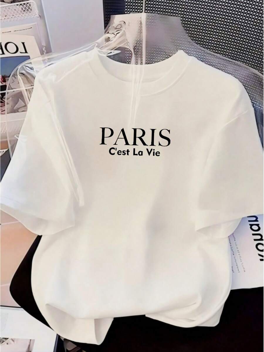 Cotton Women Tee, Paris Minimal Vibe, Elegant Serif Slogan Text Print, Summer Casual Outfit For Daily Street & Coffee Date Occasion - White - View 1