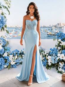 New Sexy Strapless High Slit Fishtail Evening Dress, Bridesmaid Dress Wedding Fall - Baby Blue - View 9