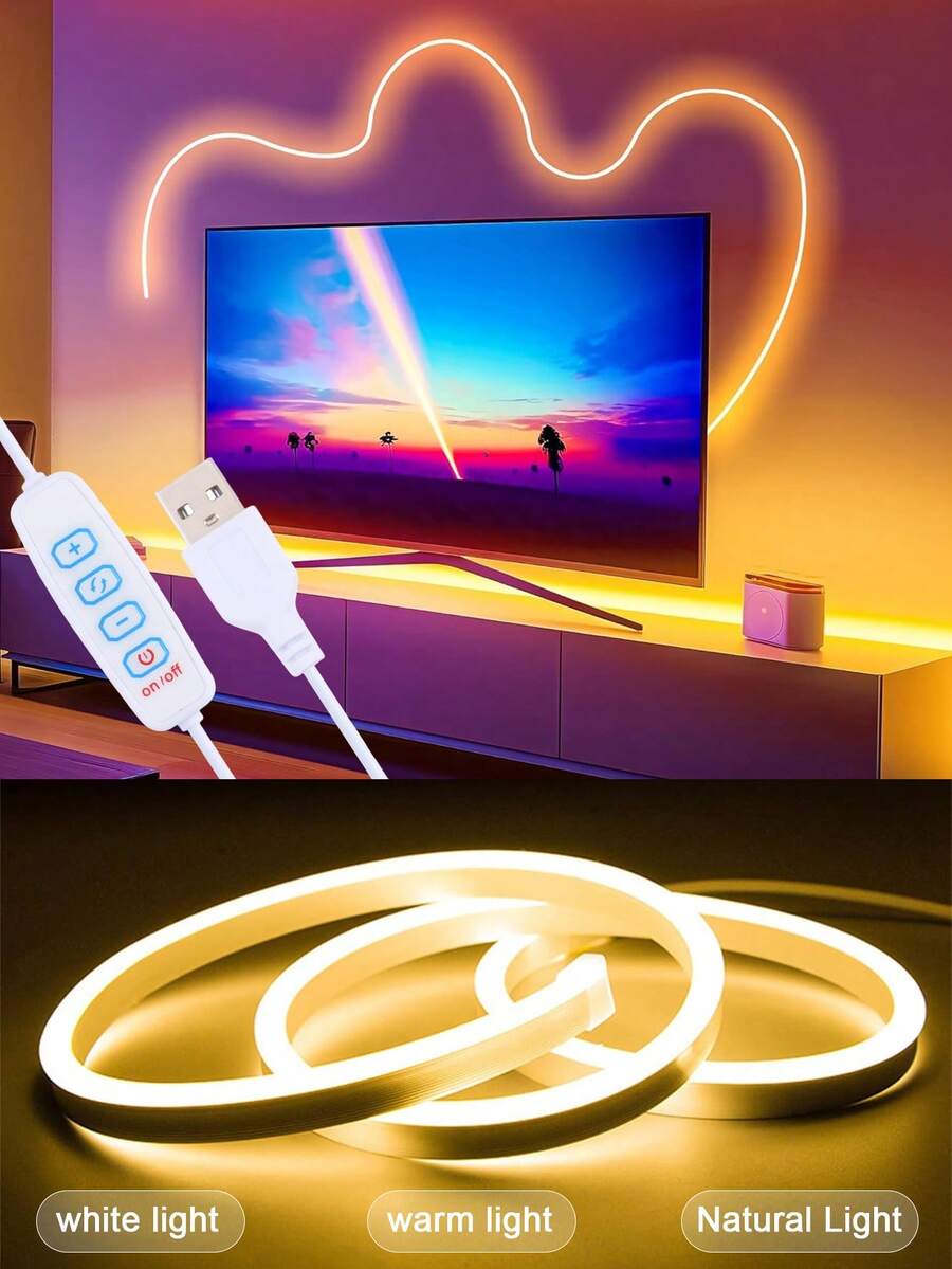 1m/3 Meters/5m LED Decorative Light Strip, 3-Color Soft Dimming Button Switch Ambient Light Strip, USB Powered, Button Control, For Smart Home Lighting Warm White Atmosphere, Smart Dimming Technology, Flexible Dimming Ambient Light Strip, Live Streaming Makeup Mirror Fill Light Bar
