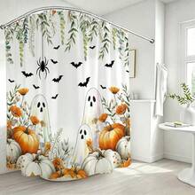 1pc Autumn Pumpkin Harvest Thanksgiving Print Shower Curtain, Abstract Vintage Polyester Fabric Shower Curtain With 12 Hooks, Suitable For Bathroom Or Bathtub Decor - Multicolor - View 2