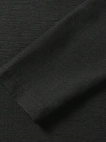 1pc T-Shirt, Solid Color Henley Collar Three-Button Design Loose Fit Long Sleeve Top, Faux Linen Textured Fabric, Skin-Friendly Soft Anti-Deformation, Elegant Slouchy Old Money Style, Suitable For Daily Commute And Friend Gatherings, Machine Washable And Dry Cleanable - Black - View 8