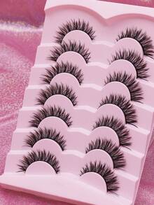 7 Pairs Fluffy Thin Natural Long False Eyelashes, Full Length Winged Strip Lashes, Lightweight And Reusable, Suitable For Daily, Wedding And Holiday Makeup - Black - View 2