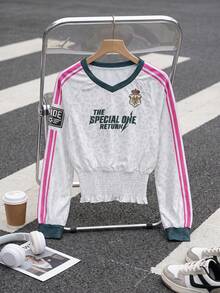 Women's Casual Madrid Jersey V-Neck Shirred Allover Print Slim Fit Long Sleeve T-Shirt For Daily Fall&Winter,Going Out Tops,Vacation Outfits Women - White - View 9