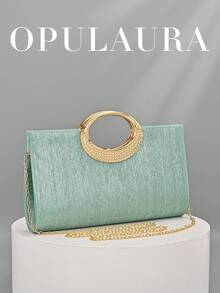 OpulAura 女士时尚闪亮水晶水钻晚宴手拿包，优雅薄荷绿条纹装饰手提包，配金属链条肩带，魅力闪耀派对包，完美适合女士、新娘、新年装扮和正式场合 - 薄荷綠 - 查看 1