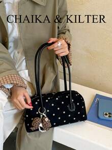 CHAIKA & KILTER 1件裝 女款復古時尚磨砂保齡球包，對比色麂皮布料，滿版波點圖案，對比色絎縫縫線，雙手柄設計，拉鍊開合，適合日常與街頭使用（附吊飾） - 黑色 - 查看 6