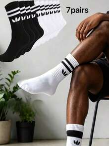 1 زوج/7 أزواج مجموعة جوارب منتصف الساق بتصميم بسيط بلون موحد وخطين مزدوجين، مريحة وقابلة للتنفس، ملاءمة محكمة، جوارب منتصف الساق باللون الأسود والأبيض الكلاسيكي، مناسبة للجنسين في الربيع/الصيف - أبيض وأسود - مشاهدة 14