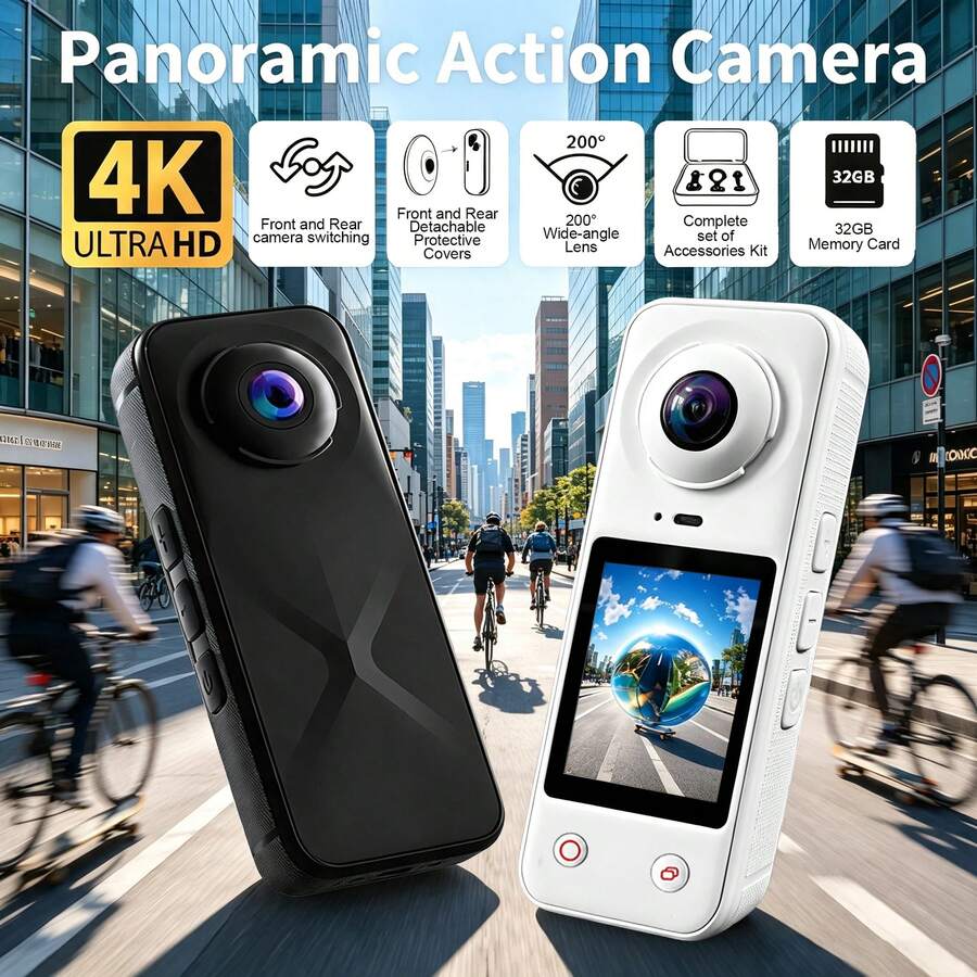 CKGO 4K HD Panoramic Action Camera, 200° Ultra-Wide Angle Dual Front And Rear Lenses, Includes 32GB Memory Card And Full Accessory Kit, Suitable For Daily Vlog Shooting And Video Recording, Ideal Holiday Gift - View 1