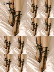 GNIM HL 1/5/10 Pairs Lace Tie Mid-Calf Socks For Women - Black - View 9