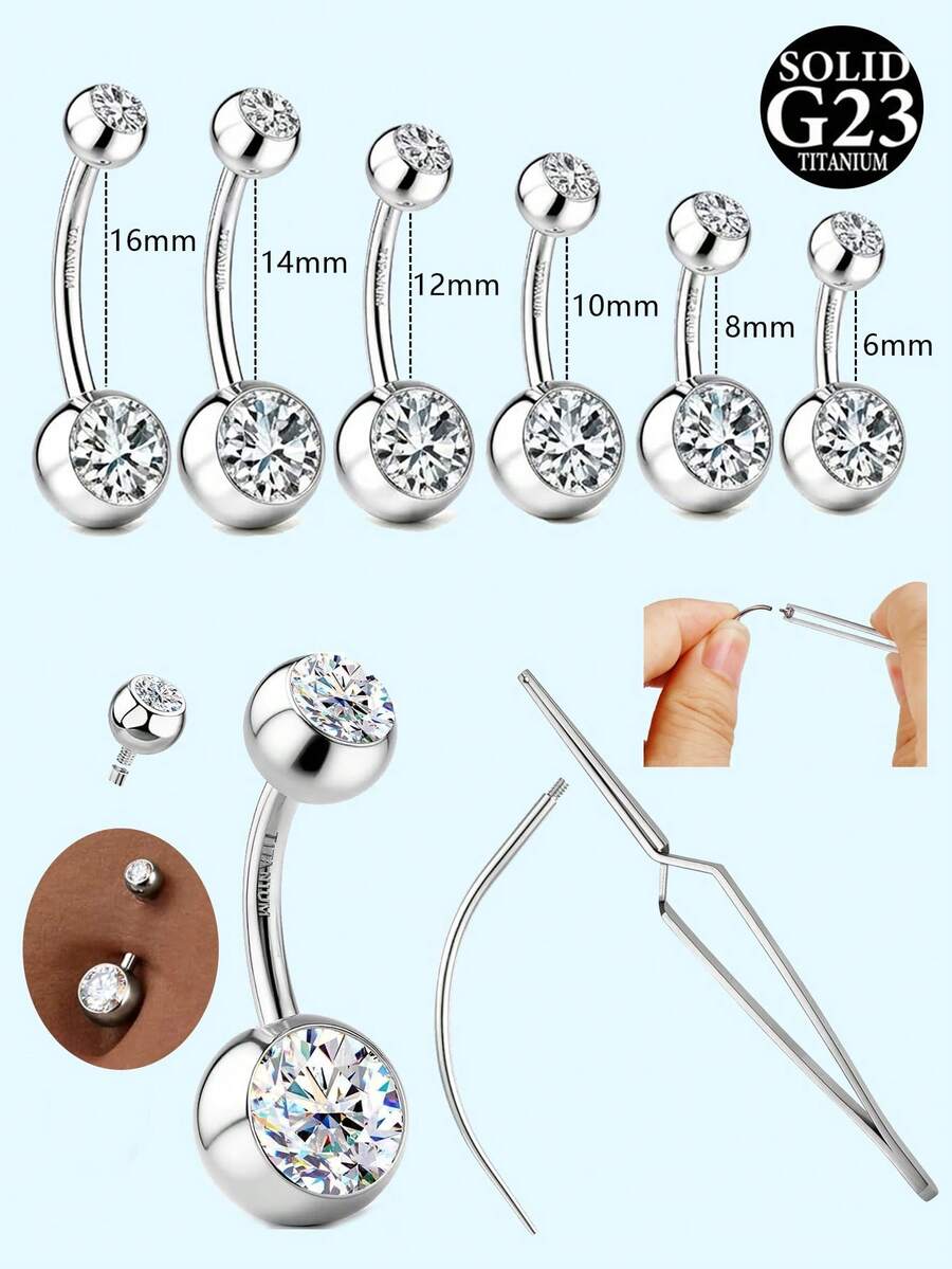 1Pc G23 Solid Titanium 14G Belly Button Ring Inlaid CZ Navel Piericng Jewelry Bars 6-16MM With Piercing Taper And Ball Grabber - Multicolor - View 1