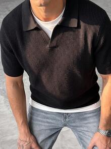 男士純色華夫格針織 Polo 衫，短袖休閒上衣，輕量款 - 黑色 - 查看 2