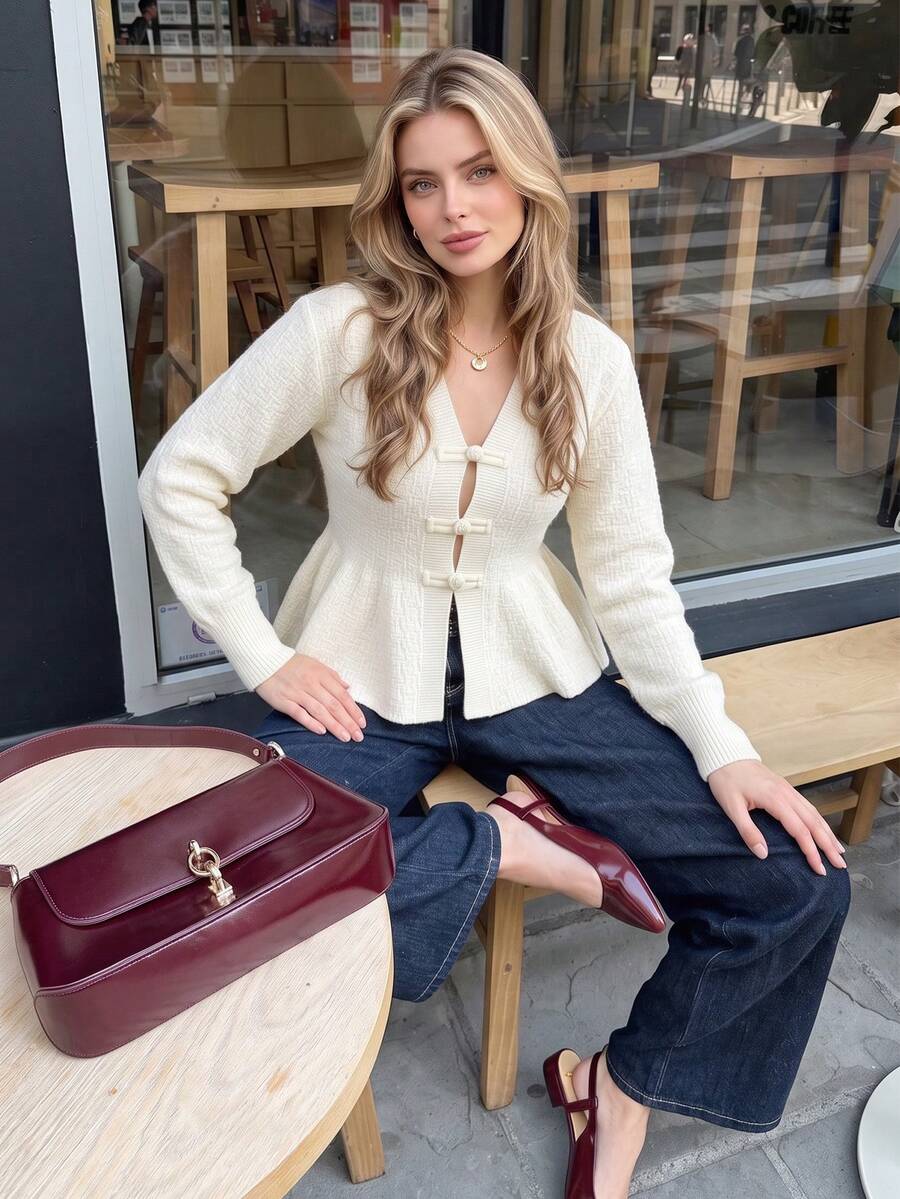 Autumn Cream V Neck Knit Cardigan For Women Frog Button Peplum Hem Long Sleeve Fuzzy Soft Knit Tops Casual Fall Daily Outfits - White - View 1