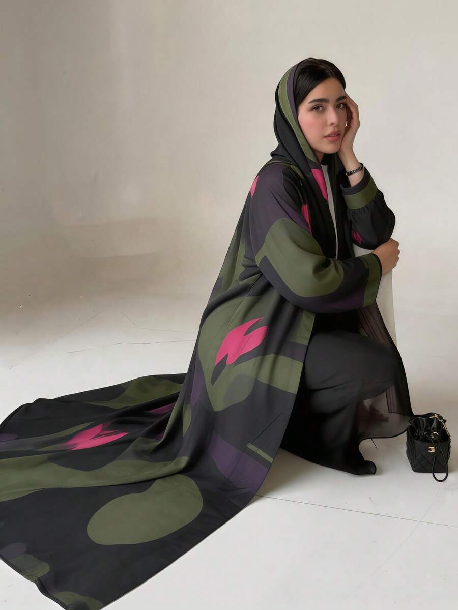 Women Abstract Print Open Front Abaya+Hijab Long Sleeve Maxi Outerwear, Modest Loose Fit Abaya - Multicolor - View 1