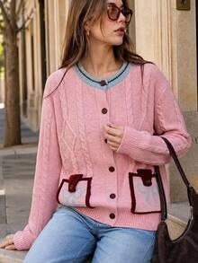 JIANHU Pink Bow Pocket Cardigan - Autumn/Winter - Pink - View 5