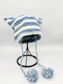 1pc Women's Autumn/Winter Warm Cute Cat Ear Knitted Beanie Hat - Multicolor - View 2