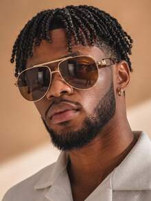 1 Pair Men's Gold Metal Double Bridge Aviator Frame Fashion Street Style Glasses - Gold - View 1
