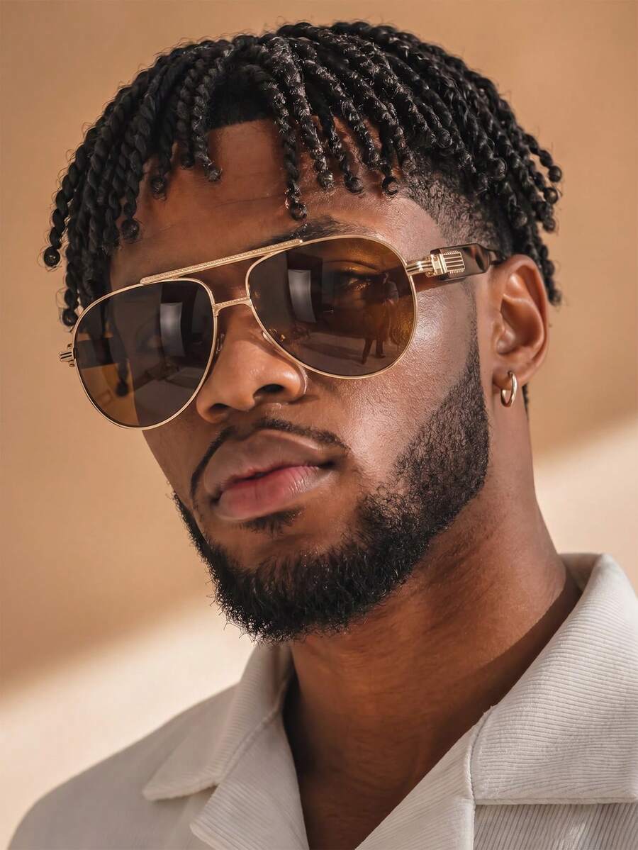 1 Pair Men's Gold Metal Double Bridge Aviator Frame Fashion Street Style Glasses - Gold - View 1