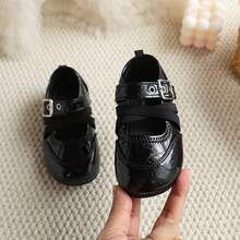 Girls' Shiny Mary Jane Shoes, Vintage British Style, Cross Elastic Strap With Hook And Loop, Round Toe Soft Sole, Versatile Princess Walking Shoes For Toddlers - Black - View 3