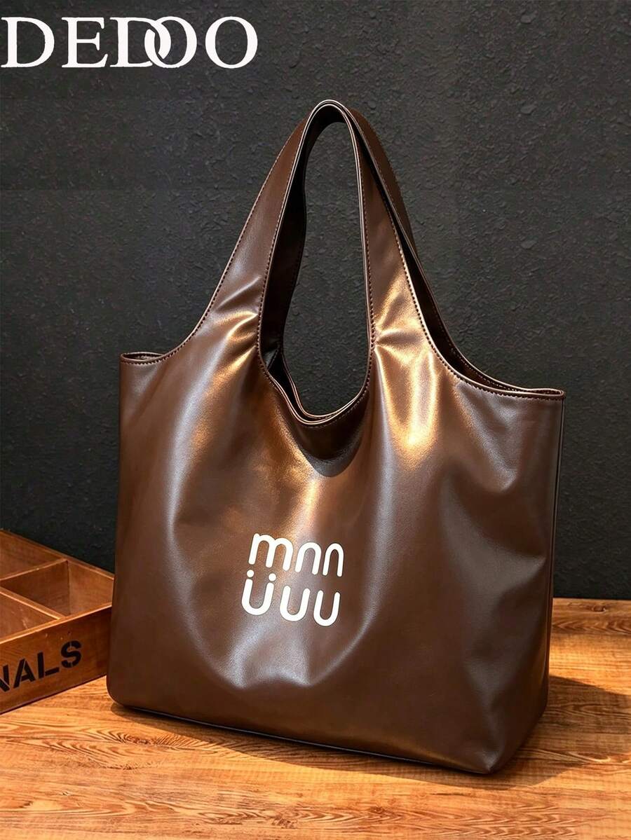 Dedoo 女款大容量單肩托特包，字母印花金屬感皮革，適合年輕女性日常通勤、購物、休閒手提包，四季適用 - 咖啡棕 - 查看 1