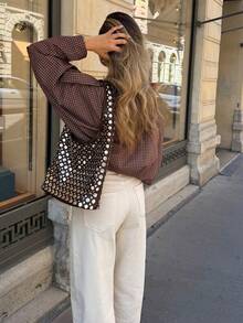 Women's Bat Geometric Pattern Woven Fabric Ruffled Fan-Shaped Jacket, Suitable For College, Office, Daily, Travel, Airport, Autumn/Winter - Coffee Brown - View 5