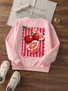 Girls Fall & Winter Crewneck Sweatshirt, Cherry & Citrus Stamp Front & Back Print Casual Pullover - Pink - View 3