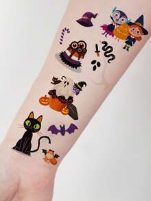 10 Sheets, With 130pcs Halloween Element Pattern Temporary Tattoos, Pumpkin Ghost Witch Vampire Bat Skull Patterns, Easy To Use, Waterproof And Realistic, Very Suitable For Party Makeup - Multicolor - View 6