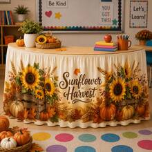 1pc Sunflower Harvest Wooden Box Pumpkin Wheat Maple Leaf Berry Autumn Thanksgiving Farm Tablecloth Decor - A - View 4