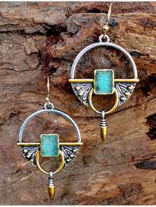 1 Pair Vintage Dual-Tone Gold & Silver Geometric Open Hoop Pendant Earrings, Inlaid Rectangular Green Rhinestone Long Hook Earrings, Bohemian Vintage Statement Jewelry, Suitable For Daily Wear, Party, Gift - Multicolor - View 1