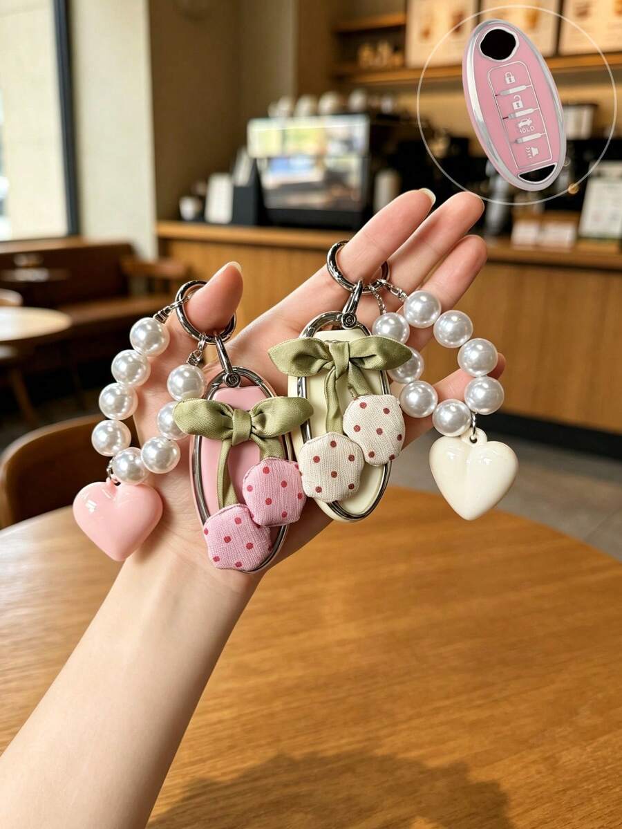 1PC Fabric Cherry Faux Pearl Heart Beaded Key Cover Compatible With Nissan Sylphy Bluebird Teana X-Trail Qashqai Kicks Key Shell Durable Soft TPU Ideal Gift (Accessory Position Random, Key Not Included) - Multicolor - View 1