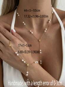 1pc Women's Y-Shaped Necklace With Finger Bracelet, Gold Stainless Steel, Waterproof, Fade-Resistant, Hypoallergenic, Inlaid With CZ Stars And Faux Pearl Beads, Elegant Style, Suitable For Daily Wear, Parties And Dates - Multicolor - View 4