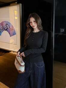 Women's Sexy Design Button Half-Open Collar Long Sleeve T-Shirt, Spring/Autumn Korean Style Fitted Base Layer Top - Black - View 4