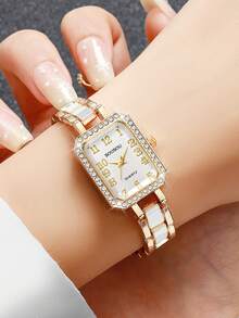Women's Luxury Square Rhinestone Dial Quartz Watch, Elegant Small Square Wristwatch, Gift For Girlfriend (1pc/Set) Watch Box Not Included - White - View 5