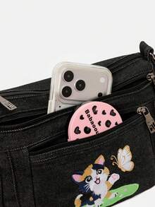 Tas Selempang Bahu Bordir Kucing Kartun Lucu, Kain Tahan Lama, Desain Multi-Saku, Tas Kasual untuk Beraktivitas di Luar Rumah - Hitam - View 8