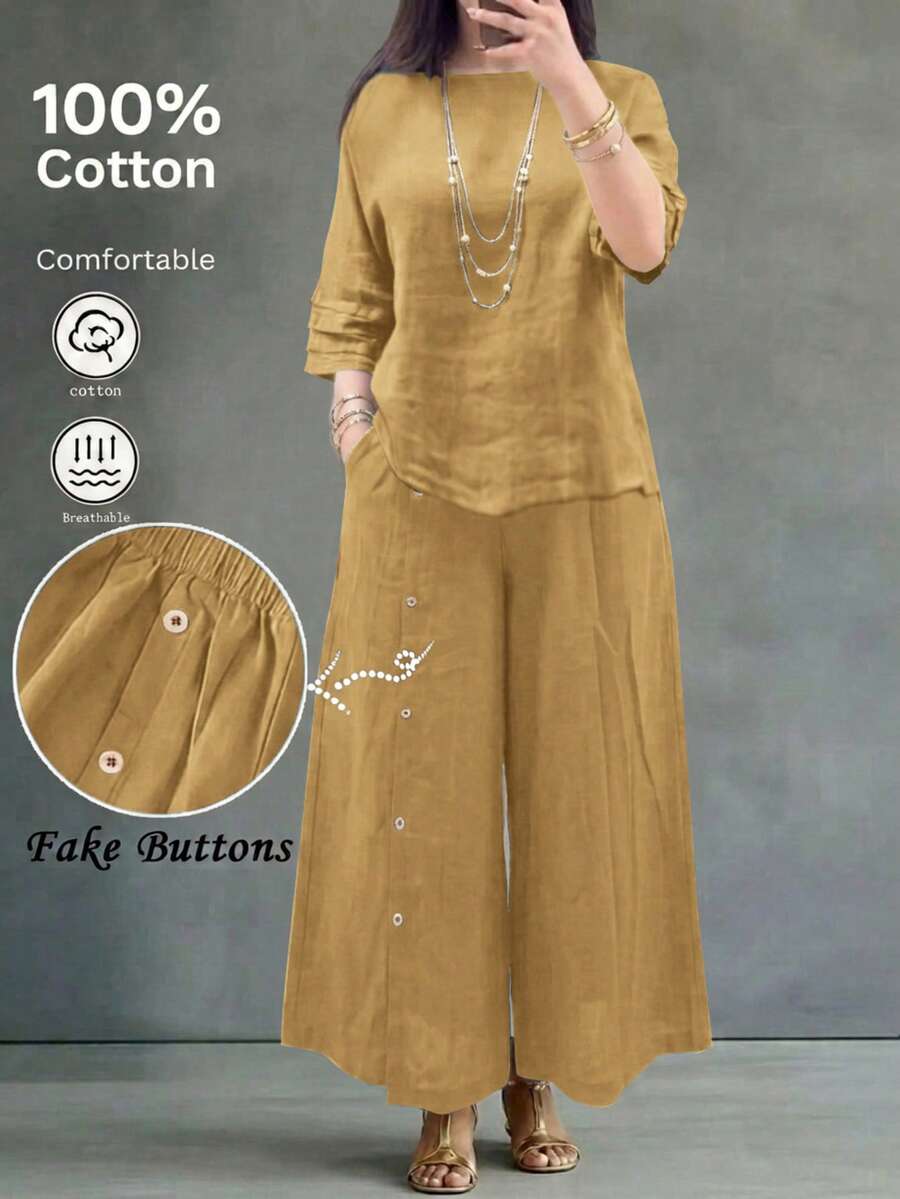 Women's Japanese Style Minimalist 2 Pieces Set, Round Neck Loose Mid-Sleeve Top With Side Button Wide Leg Pants, Fall Clothes Elegant Yellow Summer