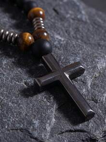 1pc Autumn/Winter Artificial Tiger Eye Stone Vintage Casual Men's Long Cross Necklace Sweater Chain - Multicolor - View 7