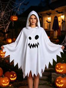 Adult And Children's Halloween Ghost Cape, Scary Face Cloak, Parent-Child Role Play Party Ghost Hooded Shawl - Multicolor - View 3