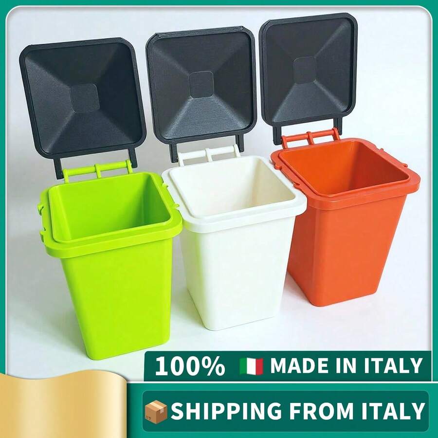 ORIZZONTE Mini Desk Trash Cans – Set Of 3 Colorful Containers With Lids – Creative Design For Home/Office – Organization Gift Idea – 100% Made In Italy, Shipping From Italy - Orange - View 1