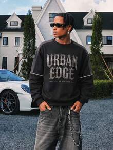 Men Street‑Style Letter Print Pullover Sweatshirt, Ideal For City Walk, Weekend Hangout, Friend Gathering & Daily Matching, Cool Urban Outfit For Guys - Black - View 1