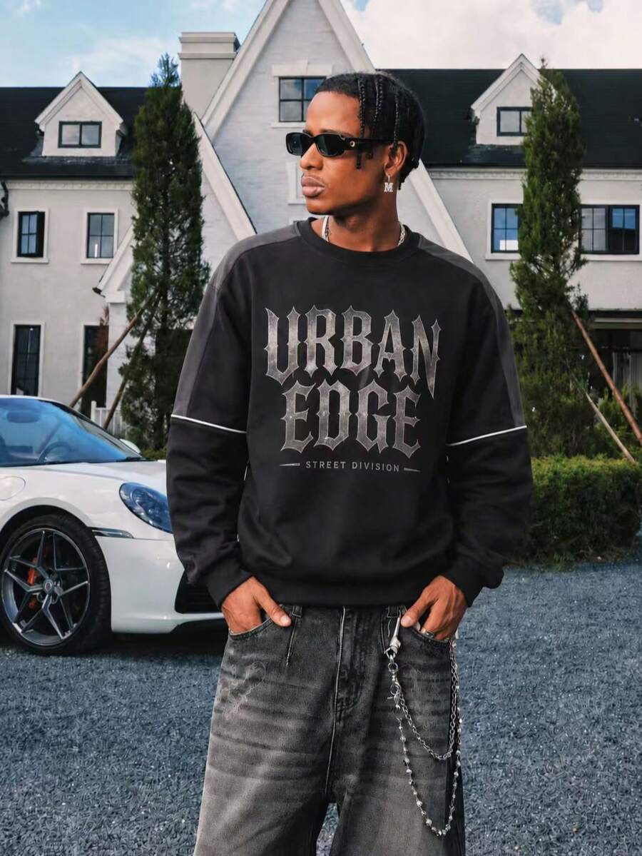 Men Street‑Style Letter Print Pullover Sweatshirt, Ideal For City Walk, Weekend Hangout, Friend Gathering & Daily Matching, Cool Urban Outfit For Guys - Black - View 1