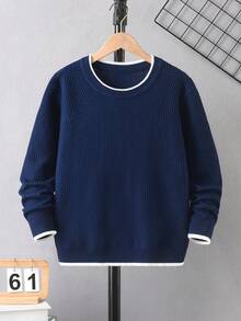 Boys' Round Neck Long Sleeve Knitted Sweater With Fine Ribbed Texture, Contrast Trim Design, Simple Casual Versatile Pullover, Suitable For School Daily Wear In Autumn/Winter - Navy Blue - View 2