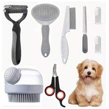 8pcs Pet Grooming Brush Set, Pet Self-Cleaning Set, Includes Pet Nail Clippers And Nail File, Flea Comb, Pet Bath Brush, Pet Shedding Brush, Pet Deshedding Comb, Silicone Toothbrush, Suitable For Small, Medium And Large Pet Bathing - Grey - View 1