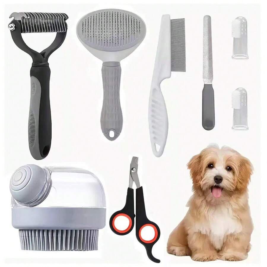 8pcs Pet Grooming Brush Set, Pet Self-Cleaning Set, Includes Pet Nail Clippers And Nail File, Flea Comb, Pet Bath Brush, Pet Shedding Brush, Pet Deshedding Comb, Silicone Toothbrush, Suitable For Small, Medium And Large Pet Bathing - Grey - View 1