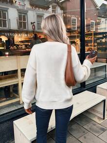 Women's Chic White Pullover Knitwear Sweater Tops With Black & White Floral Jacquard Detail, Long Sleeve Regular Fit, Autumn Outfits Women - Beige - View 5