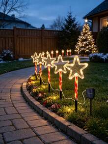 1 Set 5‑In‑1 Solar Powered Christmas Star Stake Lights, Candy Cane Pole LED Lawn Lights, Outdoor Waterproof Festive Accent Lamps For Garden Path, Porch, Yard, Xmas Party Scene Layout - Multicolor - View 6