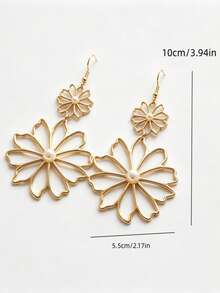 1 Pair Elegant Fashionable French Style Large Hollow Flower Shape Dangle Earrings, Essential Accessory For Date And Commute - Golden Yellow/White - View 4