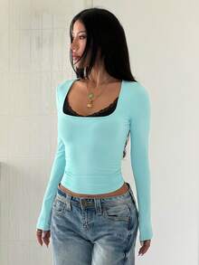 Women's Contrast Lace Long Sleeve Casual Top - Mint Blue - View 5
