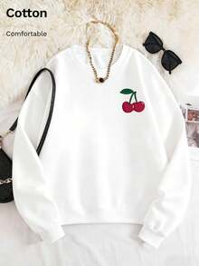 Women's Casual White Long Sleeve Round Neck Sweatshirt With Amour Cherry Print, Drop Shoulder Pullover Top,  Fall Streetwear - White - View 6