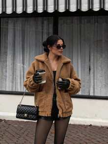 Women's Solid Color Faux Fur Warm Casual Loose Oversized Pocket Jacket, Suitable For Daily Wear, Casual, Commuting, Holidays, Parties, Street Photography - Brown - View 2