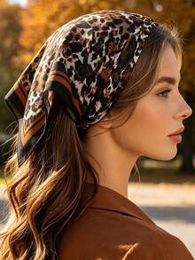 1pc Fashion Bohemian Y2K Vintage Leopard Print Square Scarf Headscarf, Contrast Color Border Neck Scarf Hair Accessory For Women, Suitable For Daily Casual Autumn/Winter Outfits - Multicolor - View 1