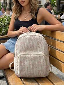 1 Piece Backpack, Women's Mini Backpack, Corduroy Girl's School Bag, Travel Storage Bag, Bow‑Printed Design, Large‑Capacity Foldable Easy‑To‑Store Bag, Lightweight And Pressure‑Relieving, Multi‑Pocket Layered Design With Zipper Closure - Heart Bow 23631 - View 7