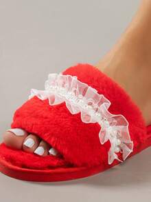 Women's Home Slippers Solid Color Fashion Fabric Lace Patchwork Pearl Strap Indoor Autumn/Winter One-Strap Cotton Slippers - Red - View 7
